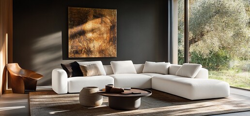 Serene interior featuring a modular sofa bathed in natural sunlight