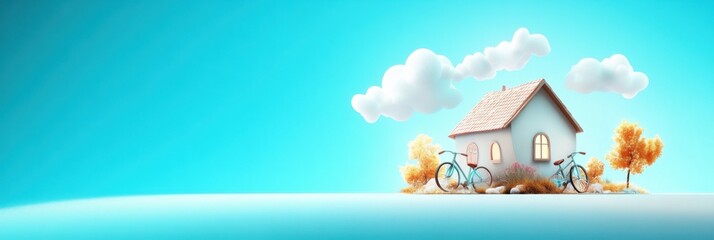 Fototapeta premium Creative bicycle house illustration in vibrant colors with playful surroundings