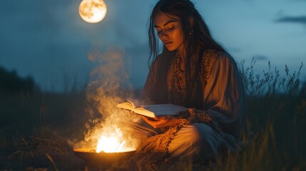 A Young Woman of Indigenous Heritage Practicing Rituals Under the Full Moon, Surrounded by Nature, Reading from a Book and Engaging with Fire in a Tranquil Setting