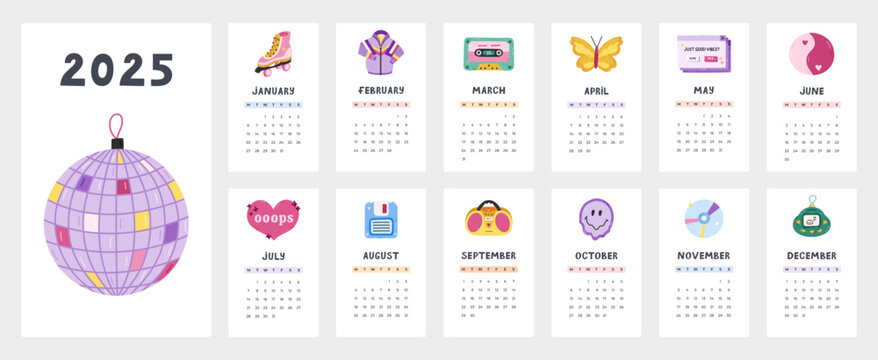 Cute calendar template for 2025 year with cartoon clipart of badges of Y2k aesthetics, 00s, 90s. Calendar grid with weeks starts on Monday. Horizontal monthly calender layout for planning