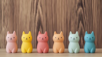 Obraz premium A row of colorful cat figurines in pastel shades, arranged against a wooden background, showcasing their adorable features.