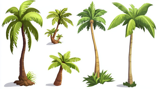 Collection of cartoon palm tree designs for video games. Different styles with bright green leaves, brown segmented trunks and coconut. Various shapes of tropical elements for tropical landscapes.