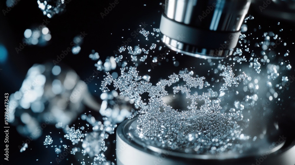 Aufkleber Close-up view of a microscope with water droplets emitting from it, suitable for science and technology illustrations