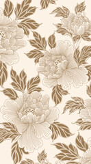 Elegant floral pattern with intricately drawn peony flowers and leaves in a golden-brown on a light beige background, creating a vintage and aesthetic, flat lines vector and illustration.
