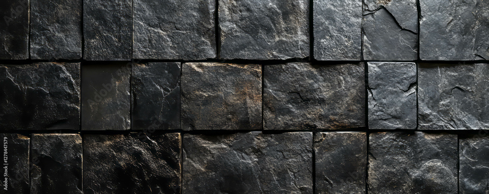 Poster Modern black square grid pattern on dark stone surface for architectural design