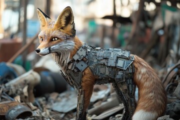 A bronze statue of a fox wearing a harness, great for outdoor or nature-themed projects