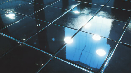 Modern interior design with reflective black tiles and mirror insets