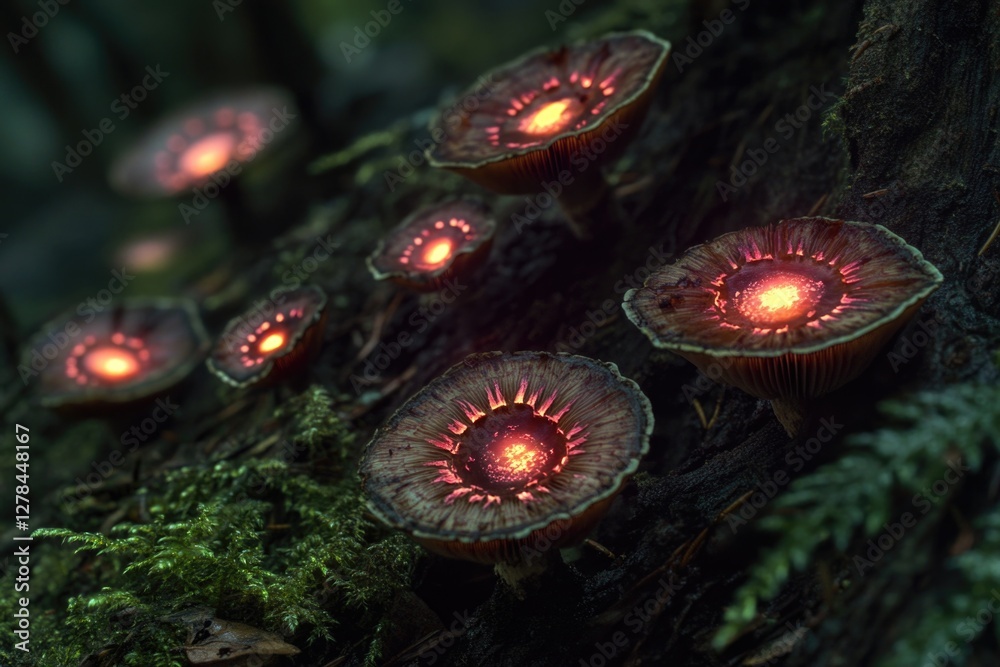 Poster a cluster of mushrooms growing on the branches of a tree, likely in a forest or woodland setting