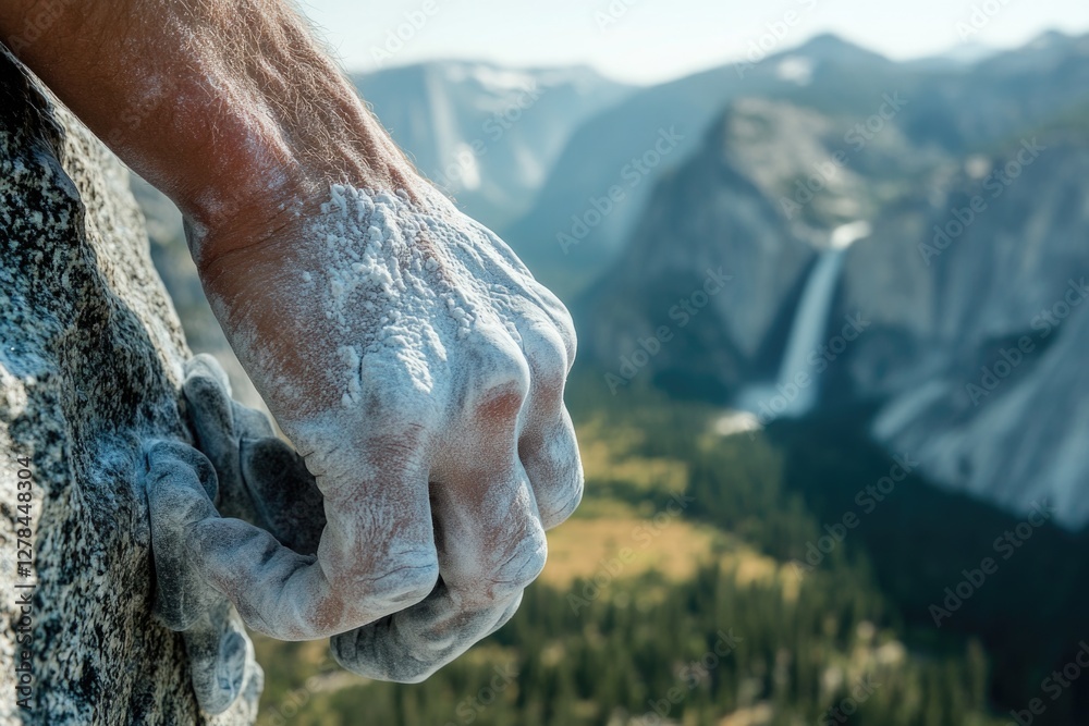 Poster a close-up view of a person's hand resting on a rocky surface
