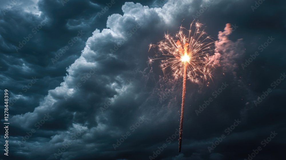 Poster a single firework explodes in the dark night sky, producing a burst of colorful lights