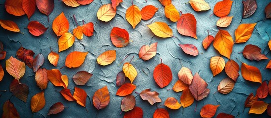 Autumn leaves scattered on textured grey surface