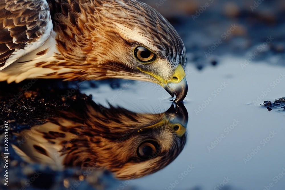 Poster a close-up shot of a bird of prey drinking water from a natural source