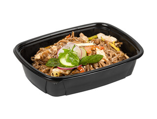 A black food container displayed against a clean white background