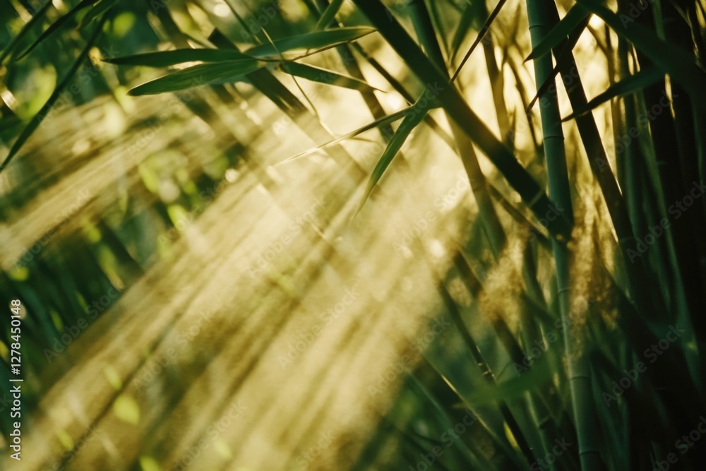 Poster a warm and natural scene with sunlight filtering through the leaves of a bamboo tree