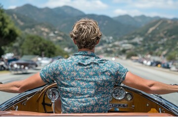 Fototapeta premium Joyful drive through mountainous landscape on a sunny day with a classic car and a stylishly dressed driver