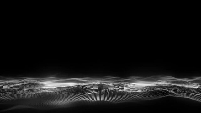 Abstract technology black wave with motion glowing dots. Dark cyberspace in digital background. Connection big data. Futuristic wireframe texture. Dynamic analysis a network connection. 3D rendering.