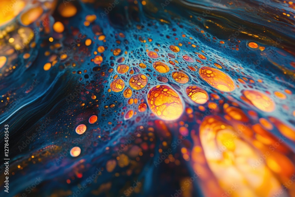 Poster a close-up view of a liquid painting on a surface, showcasing the unique textures and colors