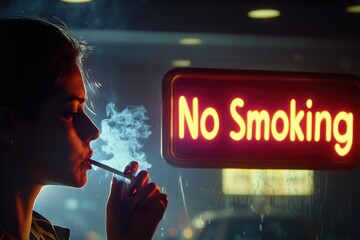 Fototapeta premium A person violating the no smoking rule, with a warning sign in the background