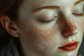 Fototapeta premium Close-up portrait of a woman with distinctive freckles on her facial skin
