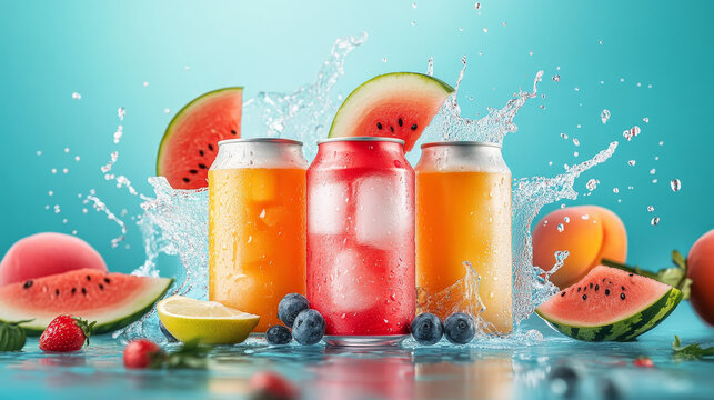 Sweet soda, cold fruit drinks posters. Fizzy watermelon, sea buckthorn and peach beverage in aluminium cans. Vector poster with cartoon illustration with lemonade in metal tin cans with white splash