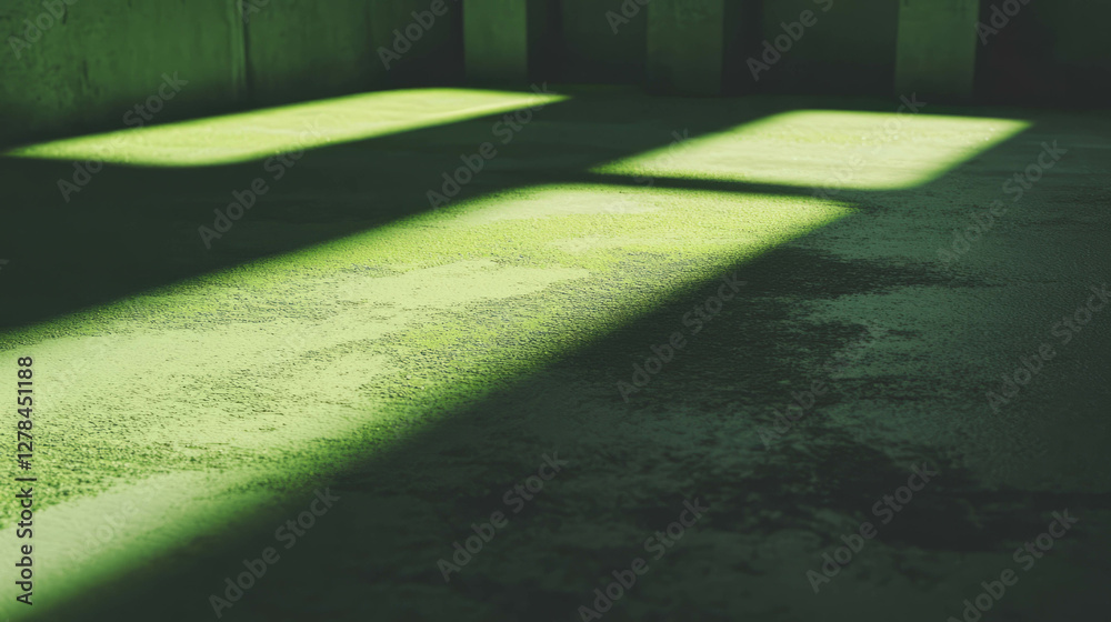 Poster bright green moss texture on smooth concrete surface with shadow play