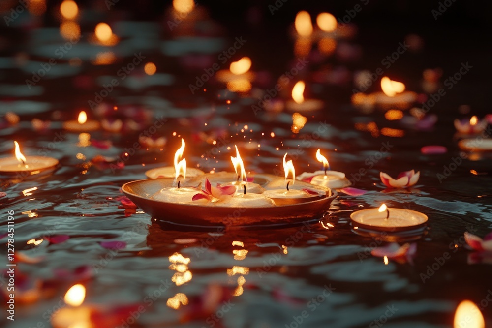 Aufkleber group of candles floating on the surface of a lake or river, creating a peaceful atmosphere