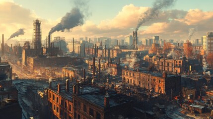 Fototapeta premium A desolate industrial landscape with smokestacks and ruined buildings, depicting environmental decay and urban decline under a dramatic sky.
