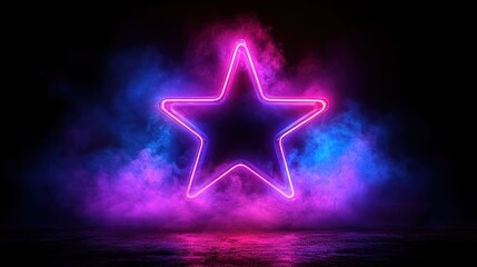 Fototapeta premium Neon star glowing in smoky studio
