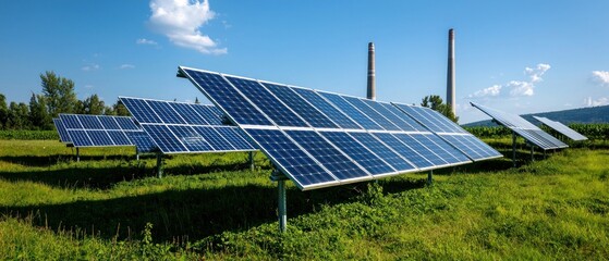 Solar panels installed in a green field under a clear blue sky with chimneys