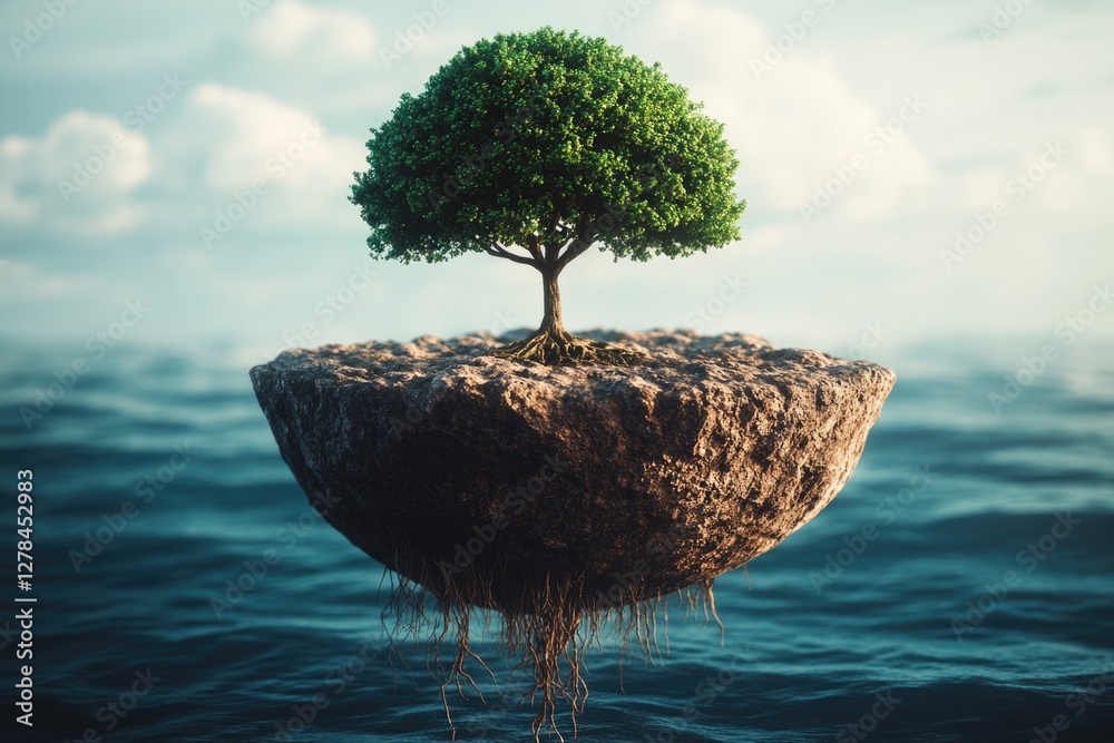 Poster a lone tree stands tall on a small, isolated island in the middle of the open ocean
