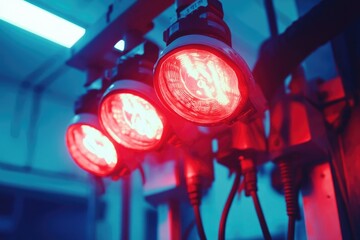 A modern lighting installation featuring a collection of red lights suspended from the ceiling