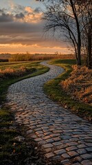 An old brick path winds through the Iowa countryside at dusk