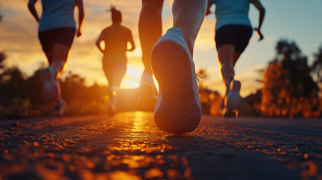 Running people, women, men, athletes running in race, running on outdoor road, details on legs, marathon running, running at sunset