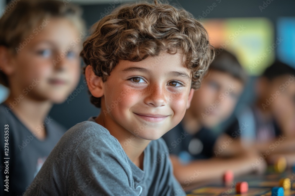 Aufkleber young boy smiling at camera in classroom while participating in engaging group activity with peers