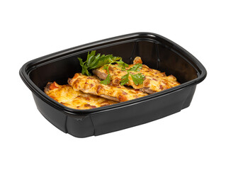 A black container filled with food on a white background