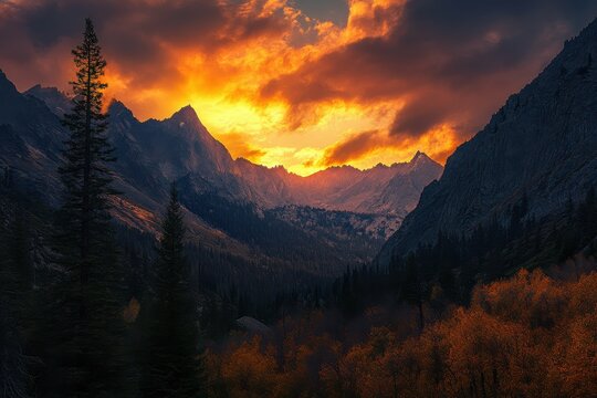 Kings Canyon Morning: Landscape of Sequoia Mountains under Sunset Sky