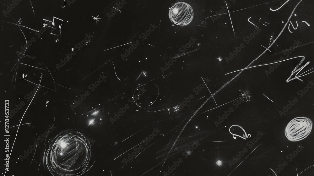 Poster chalkboard texture with diagonal chalk marks and cosmic doodles for creative backgrounds