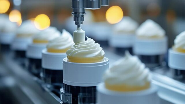 Precision nozzles dispensing cream from an automatic cosmetic tube filling machine, highlighting the efficiency of the industrial manufacturing process.
