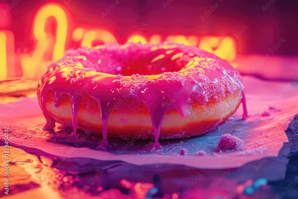 Poster a single frosted donut sitting on top of a sheet of paper, simple and sweet