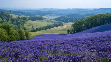 Panoramic lavender field, rolling hills, tranquil landscape, perfect for backgrounds, relaxation, travel, or nature photography