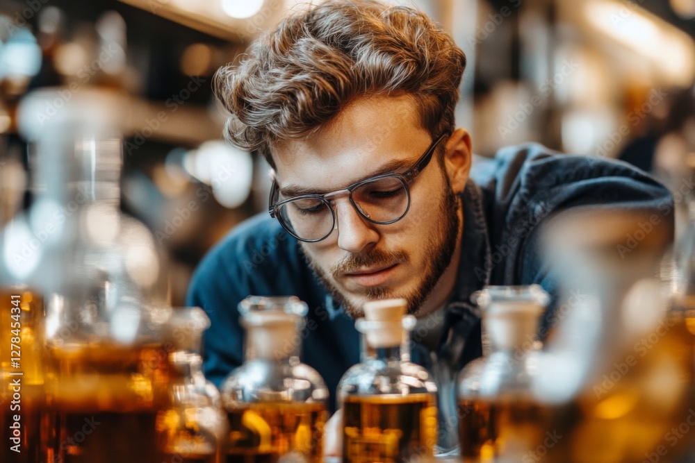 Poster young man examining glass bottles filled with golden liquid in a laboratory setting during the after