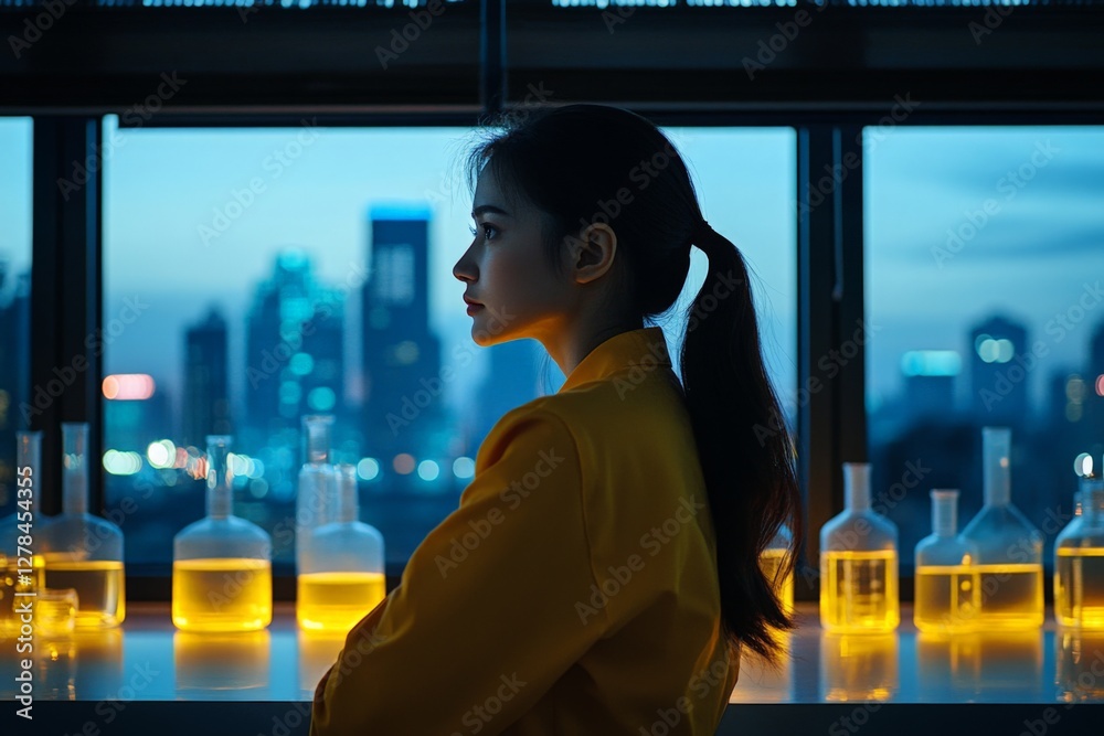 Poster young scientist reflects while overlooking a city skyline at twilight from a modern laboratory