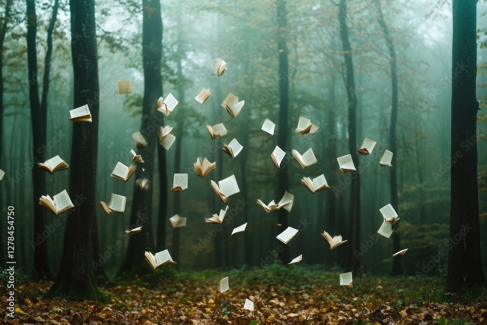 Poster A whimsical scene of numerous books floating through a dense forest, perfect for conveying a sense of knowledge and wonder