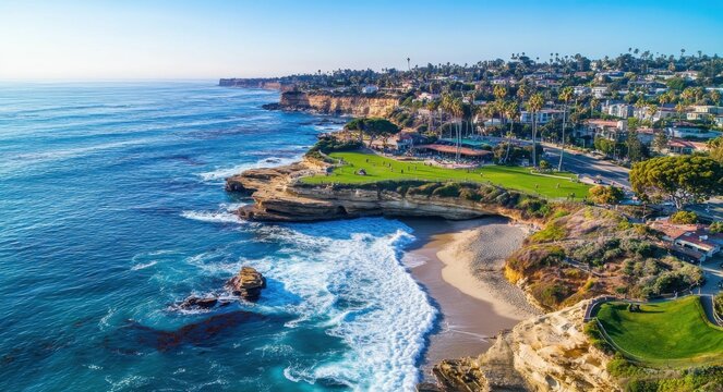 La Jolla San Diego. Scenic View of Seashore, Waves and Rocks in Nature Landscape