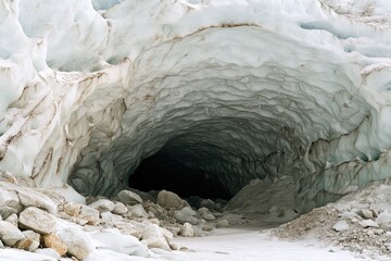 A snowy tunnel with trees and hills in the background