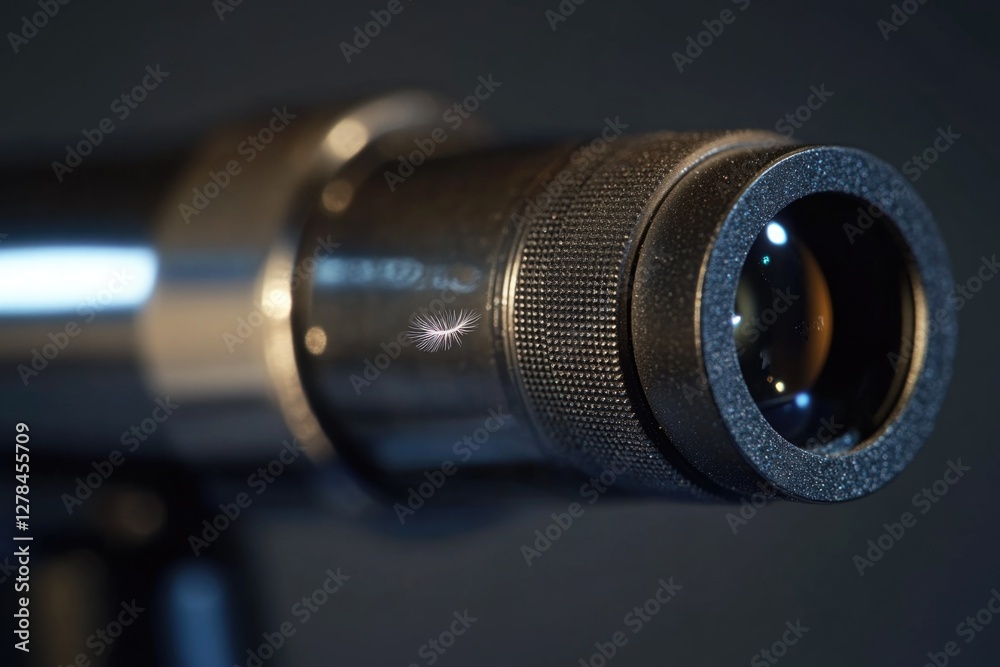 Poster a close-up shot of a camera lens with detailed texture and reflection