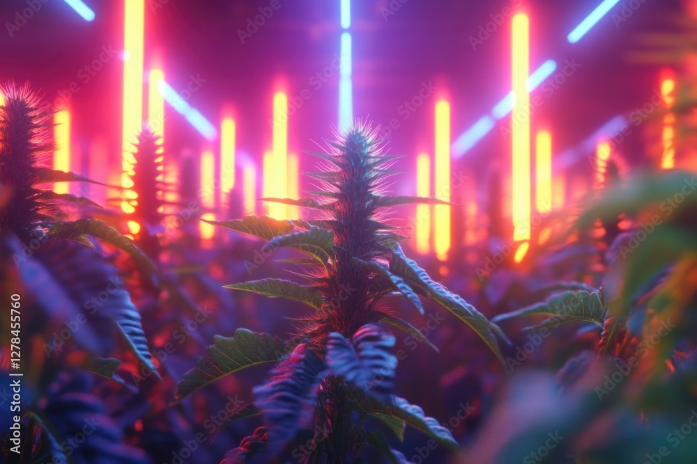Poster a field of plants illuminated by neon lights, perfect for use as a backdrop or atmospheric scene