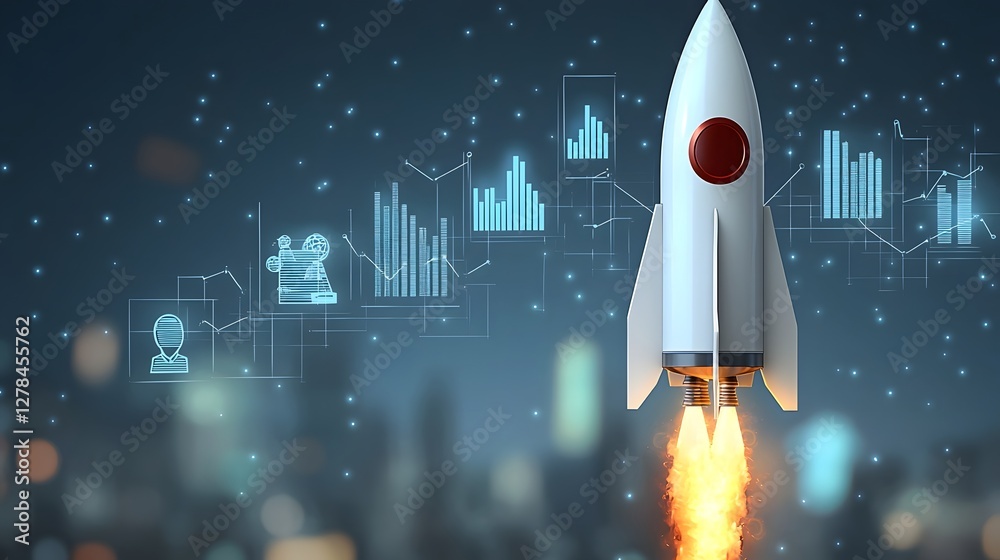 Poster a dynamic of a business rocket soaring towards new heights with key milestones and data analytics hi