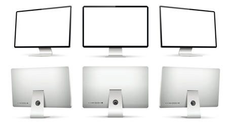 Realistic computer screen mockup. Computer display on three sides with blank screen. Front and back view of computer display.