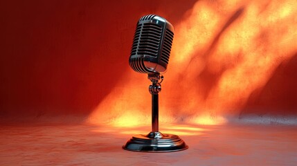 Vintage microphone on a stand with warm lighting, creating a nostalgic atmosphere